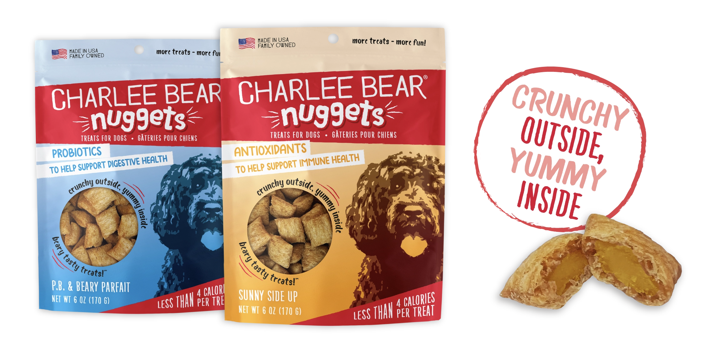 Charlee Bear Nuggets dog treats - PB and Beary Parfait and Sunny Side Up bags. Crunchy outside, yummy inside